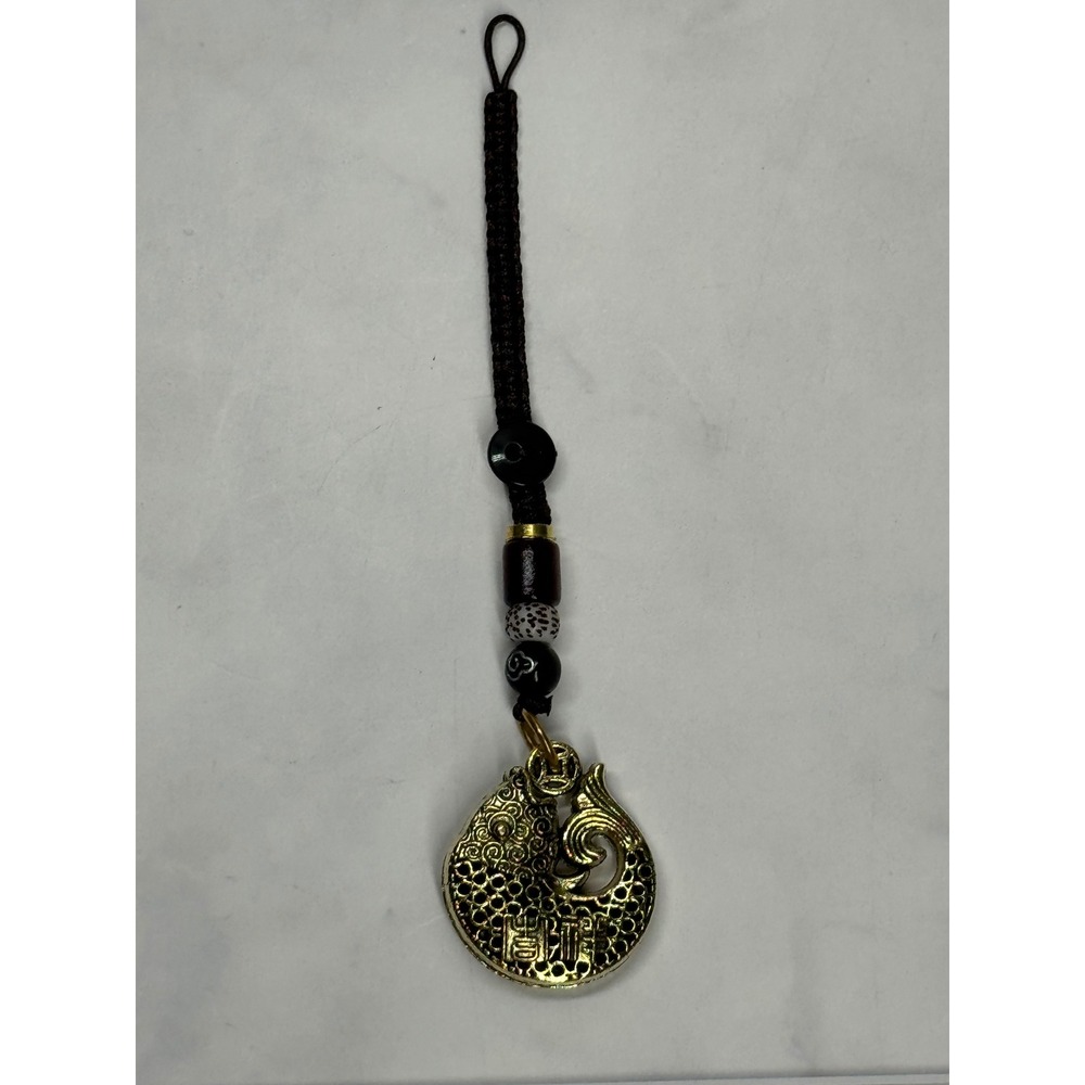 Gold Tone Chinese Feng Shui Fish Charm Braided Cord Phone Strap Keychain NWT